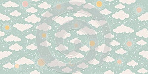 Seamless celestial pattern with sun, moon, stars and clouds. Cute background for a card in pastel colors, ornament for