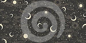 Seamless celestial pattern with sun, moon and stars on black background, mystical astrological background, horoscope photo