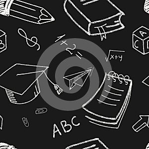 Seamless chalkboard pattern with hand-drawn educational icons . Vector