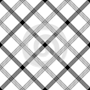 Seamless check plaid pattern in black and white. Simple monochrome Scottish diagonal tartan vector for scarf, flannel shirt, skirt