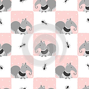 Seamless checked pattern with cute cartoon anteater.