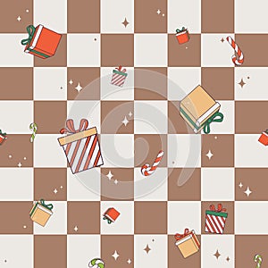 seamless checkered retro background with gift boxes and candy canes