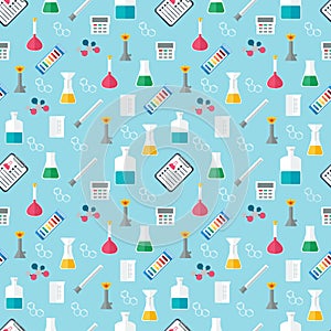 Seamless chemical pattern. Chemical glassware and reagents. Flat design. Vector