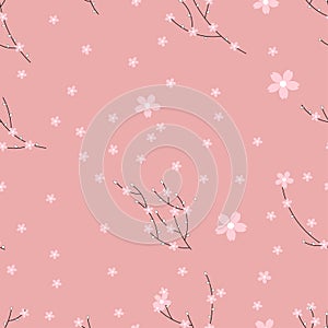 Seamless cherry flower on pink background,Sweet colour of Spring blossom,Cute flower pattern in pastel tone,Sakura branch in Vinta