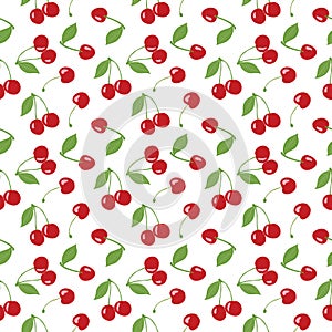 Seamless cherry pattern, red cherries and white background for scrapbooking, giftwrap, fabric and wallpaper design projects.