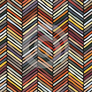 Seamless chevron pattern. Zigzag irregular diagonal stripes on a black background. Multicolor herringbone design. Hand draw style.