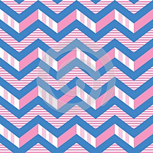 Seamless chevron stripes vector pattern in pink, white and blue. 3-d zigzag stripes pattern