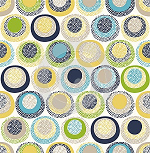 Seamless childish abstract colorful round circle dots pattern on white background.