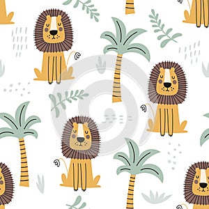 Seamless childish jungle pattern with cute lion. Perfect for fabric, textile, nursery posters. Vector