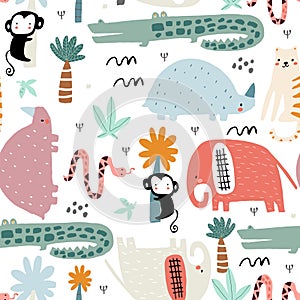 Seamless childish pattern with african animals. Creative scandinavian style kids texture for fabric, wrapping, textile, wallpaper