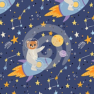 Seamless childish pattern with bear, comets, planets and stars. Creative kids texture for fabric, wrapping, textile