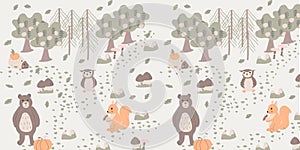 seamless childish pattern with bear, squirell, owl