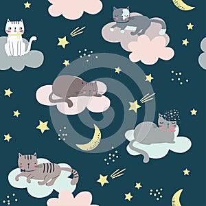 Seamless childish pattern with cats, clouds, moon and stars