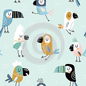 Seamless childish pattern with colorful parrots and toucans. Creative scandinavian style kids texture for fabric, wrapping,