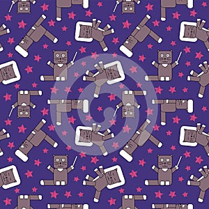 Seamless childish pattern with cubed cats and satrs, cat with magic wand, cat lies on pillow and sleep, cat hit against the wall.