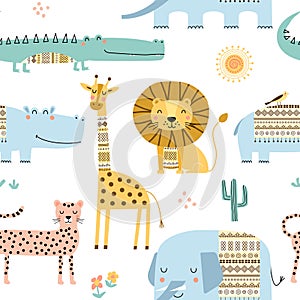 Seamless childish pattern with cute African animals. Scandinavian style kids texture for fabric, wrapping, textile.