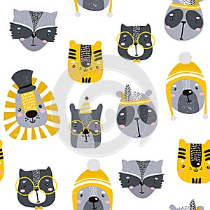 Seamless childish pattern with cute animal faces. Creative nursery background. Perfect for kids design, fabric, wrapping, wallpape