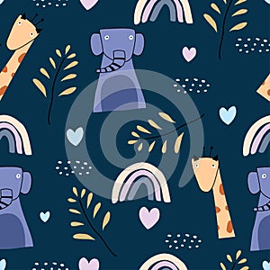 Seamless childish pattern with cute animals colorful style. Elephant, giraffe zoo animals, vector illustration. Good for baby and