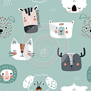 Seamless childish pattern with cute animals heads. Modern cartoon dog, cat, bear, monkey,dear , koala, zebra texture for fabric,