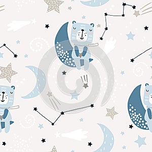 Seamless childish pattern with cute bears on clouds, moon, stars. Creative scandinavian style kids texture for fabric, wrapping,