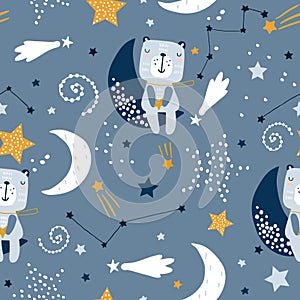 Seamless childish pattern with cute bears on clouds, moon, stars. Creative scandinavian style kids texture for fabric, wrapping,