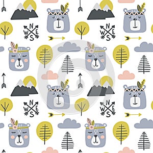 Seamless childish pattern with cute bears - indians in a wood.