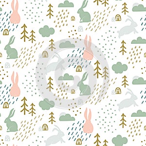 Seamless childish pattern with cute bunny silhouette in forest.