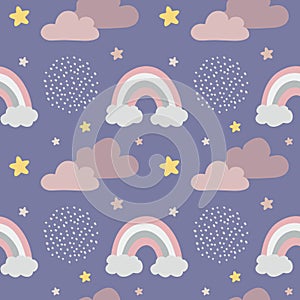 Seamless childish pattern with cute clouds, stars and rainbows. Baby texture for fabric, wrapping, textile, wallpaper, clothing.