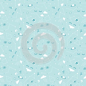 Seamless childish pattern with cute clouds, stars and sleeping eyes . Scandinavian style kids texture for fabric, wrapping and wal