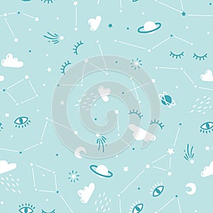 Seamless childish pattern with cute clouds, stars and sleeping eyes . Scandinavian style kids texture for fabric, wrapping and wal