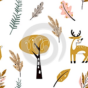 Seamless childish pattern with cute deer in the wood. Forest elements and hand drawn shapes. Childish texture.