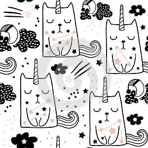 Seamless childish pattern with cute fairy cat unicorn. Creative blackand white kids texture for fabric, wrapping, textile,