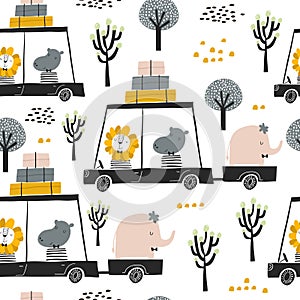 Seamless childish pattern with cute friends, lion, hippo, elephant in the car. Creative kids texture for fabric, wrapping, textile