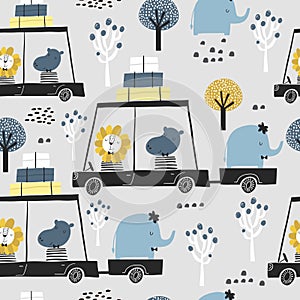 Seamless childish pattern with cute friends, lion, hippo, elephant in the car. Creative kids texture for fabric, wrapping, textile