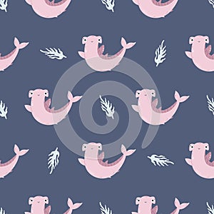 Seamless childish pattern with cute hammerhead sharks for nursery, baby shower, textile