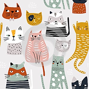 Seamless childish pattern with cute hand drawn cats. Creative kids hand drawn texture for fabric, wrapping, textile, wallpaper,