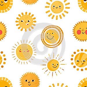 Seamless childish pattern with cute happy smiling sun characters on white background. Design of repeatable sunny texture