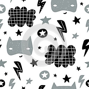 Seamless childish pattern with cute hero mask, flas, star,cloud. Creative kids texture for fabric, wrapping, textile, wallpaper,