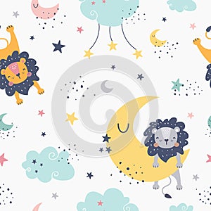 Seamless childish pattern with cute lion, clouds, moon and stars