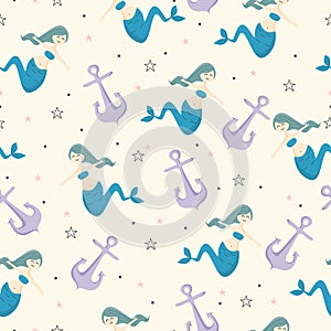 Seamless childish pattern with cute mermaids colorful summer design theme. Undersea vector trendy texture.Perfect for fabric,