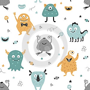 Seamless childish pattern with cute monsters