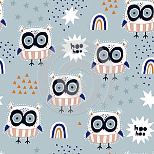 Seamless childish pattern with cute owls characters with stars and rainbows. Vector texture great for fabric textile apparel