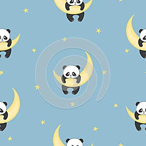 Seamless childish pattern with cute panda bear on the moon. Baby print