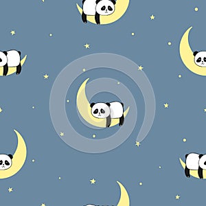 Seamless childish pattern with cute panda bear sleeping on moon. Baby print