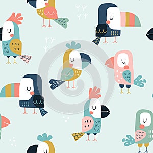 Seamless childish pattern with cute parrots and toucans. Scandinavian style kids texture for fabric, wrapping, textile.