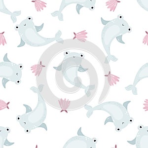 Seamless childish pattern with cute sharks for nursery, baby shower, textile