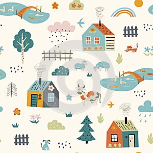 Seamless childish pattern with cute village. Cartoon farm landscape with country houses. Scandinavian style kids texture for fabri