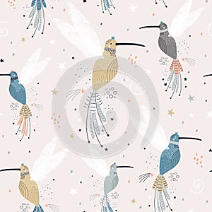 Seamless childish pattern with fairy collibi, stars. Creative scandinavian style kids texture for fabric, wrapping, textile,