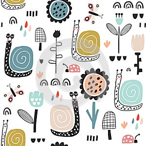 Seamless childish pattern with fairy flowers, snails, butterflies. Creative kids city texture for fabric, wrapping, textile,