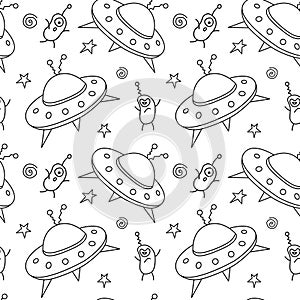 Seamless childish pattern with Flying Saucers, UFO, cute aliens. Vector background and texture for fabric, wrapping, wallpaper,